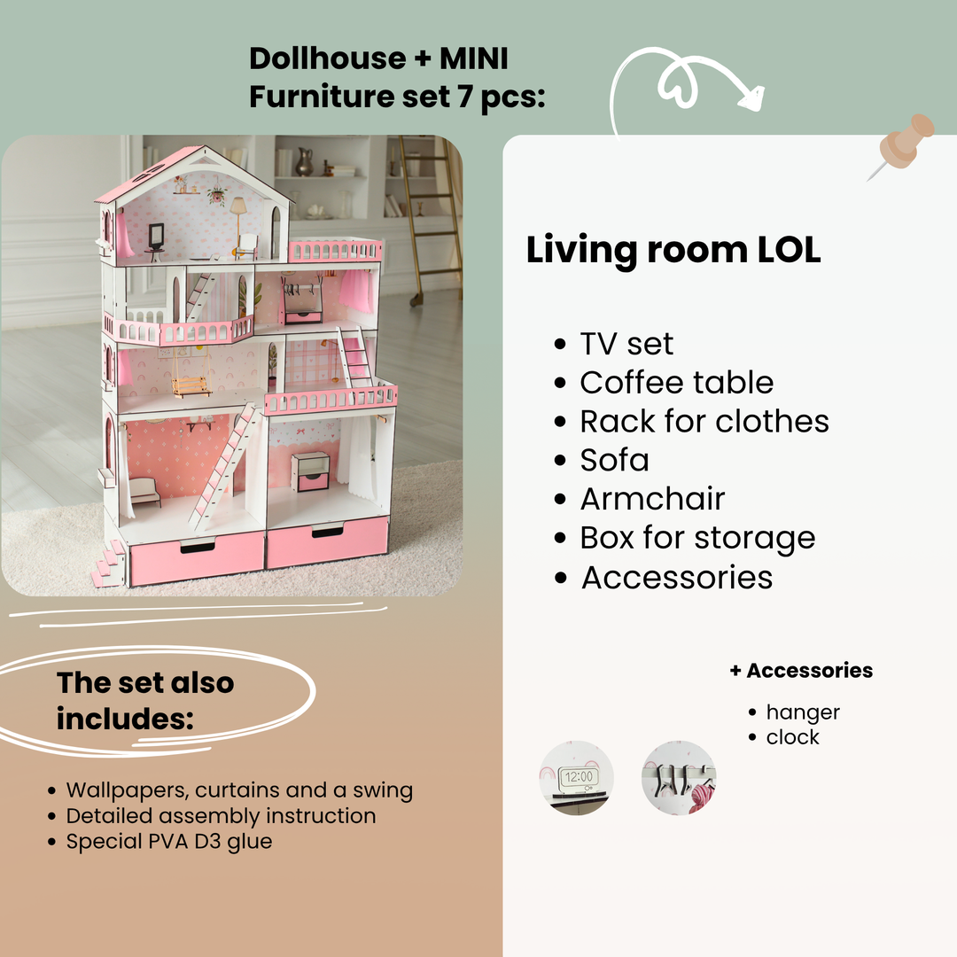 Wooden dollhouse Mansion scale 1:6 NestWood pink