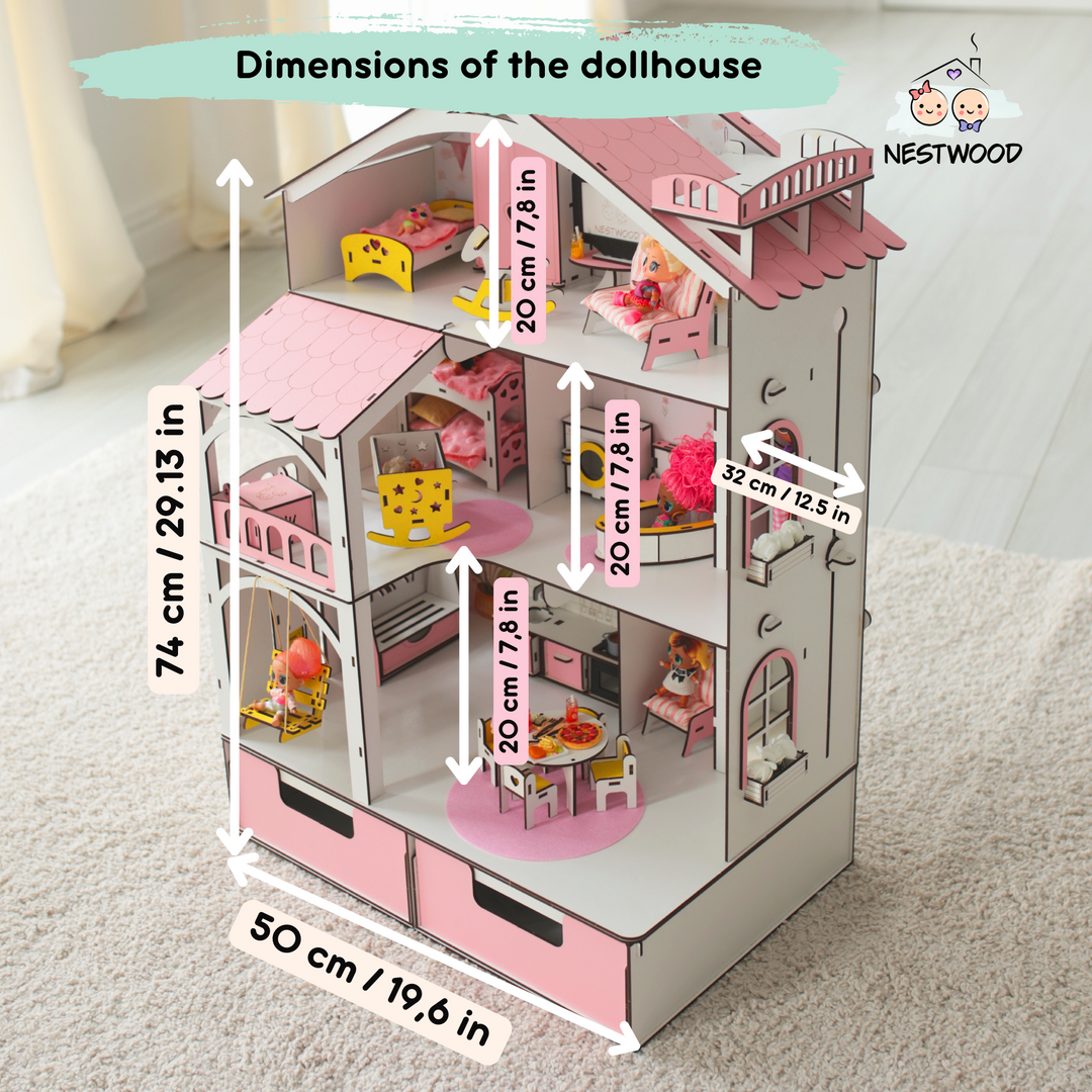 Wooden dollhouse Smart House with organizer and elevator scale 1:12 NestWood Pink