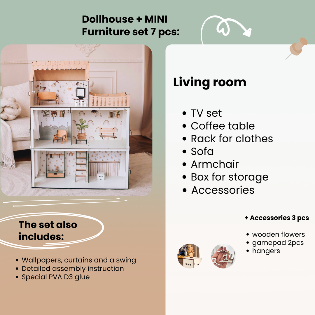 Wooden dollhouse Lux Light scale 1:6 NestWood Scandi