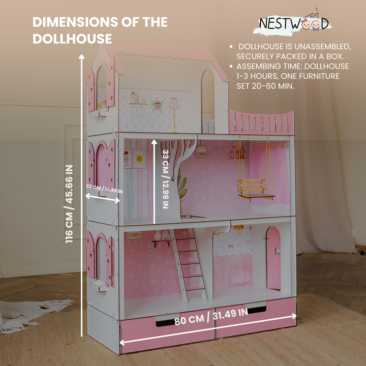 Wooden dollhouse Lux with organizer scale 1:6 NestWood pink