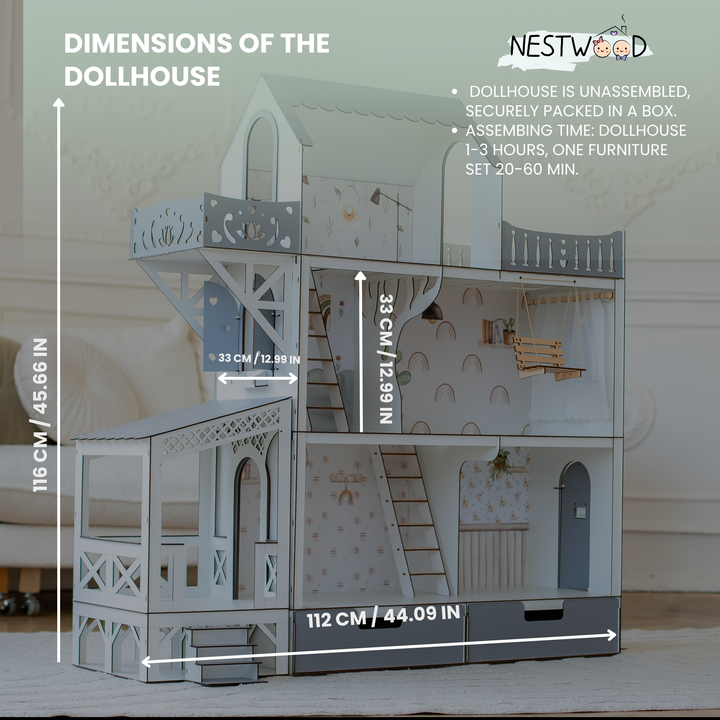 Wooden dollhouse Lux with organizer, balcony and terrace scale 1:6 NestWood Eco