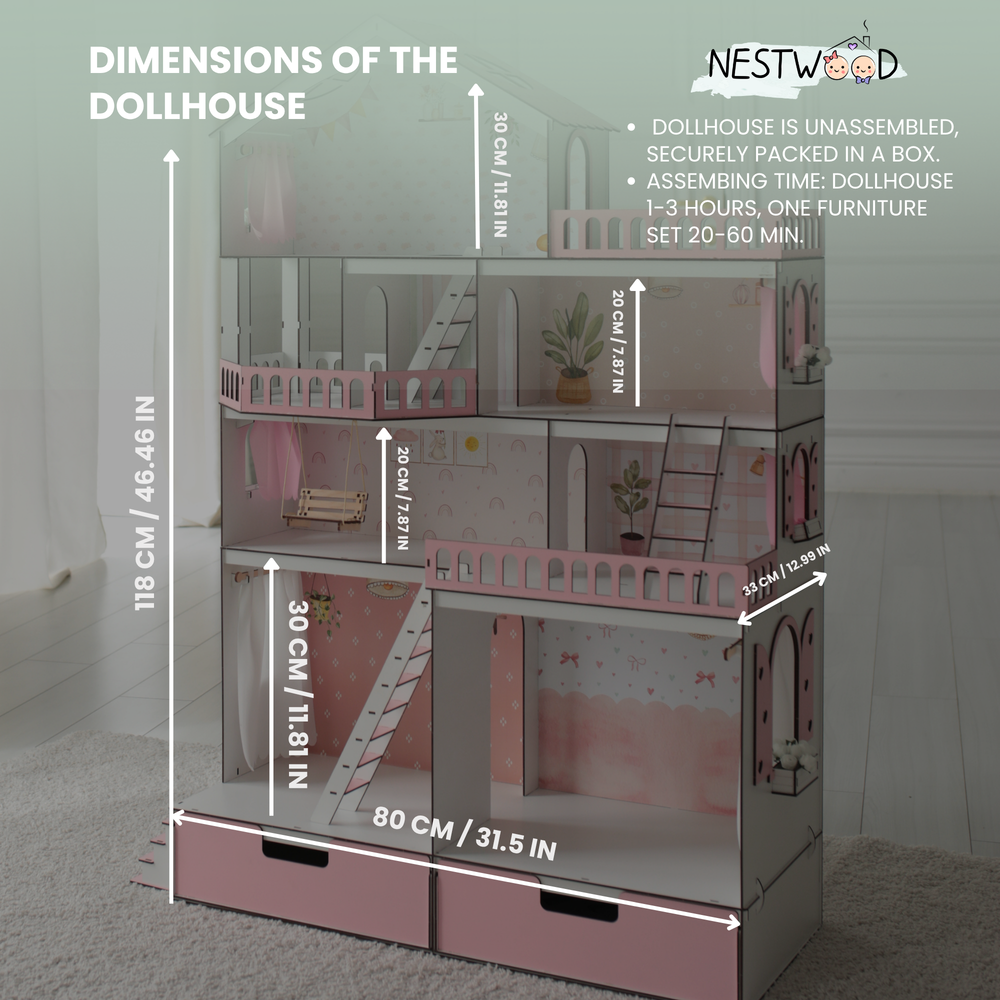 Dimensions of a dollhouse with NestWood branding