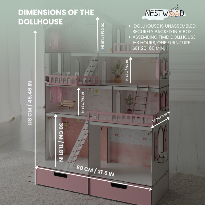 Wooden dollhouse Mansion scale 1:6 NestWood pink