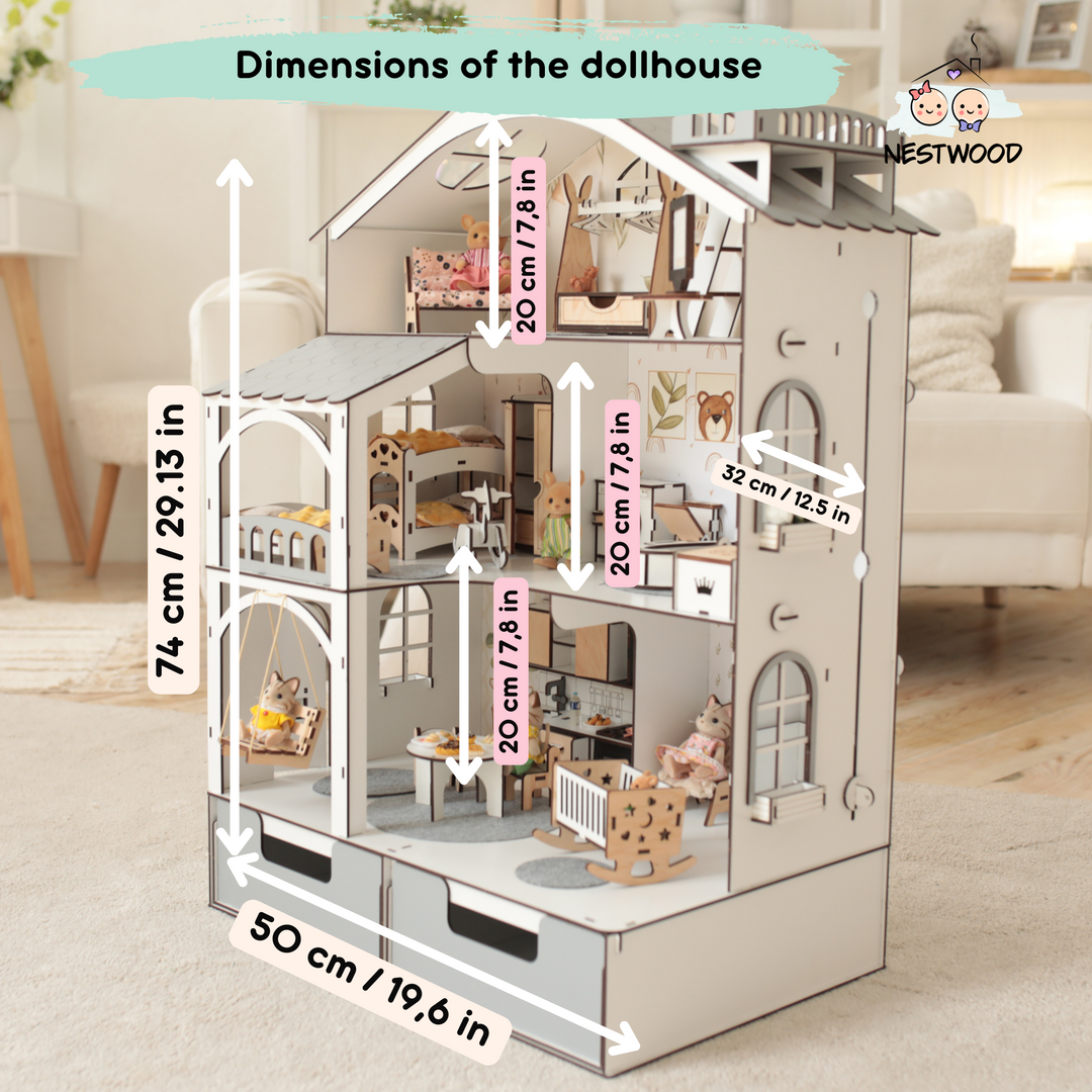 Wooden dollhouse Smart House with organizer and elevator scale 1:12 NestWood Eco