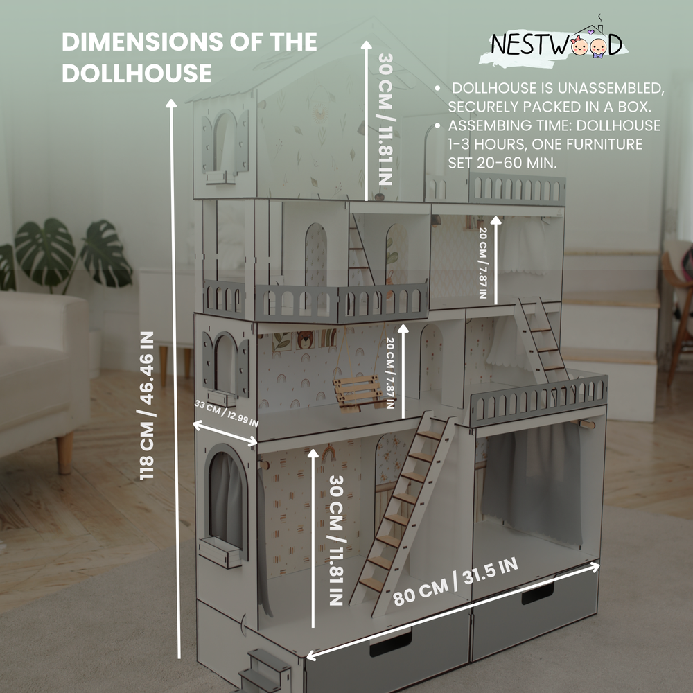 Dimensions of a dollhouse with Nestwood branding and assembly information.