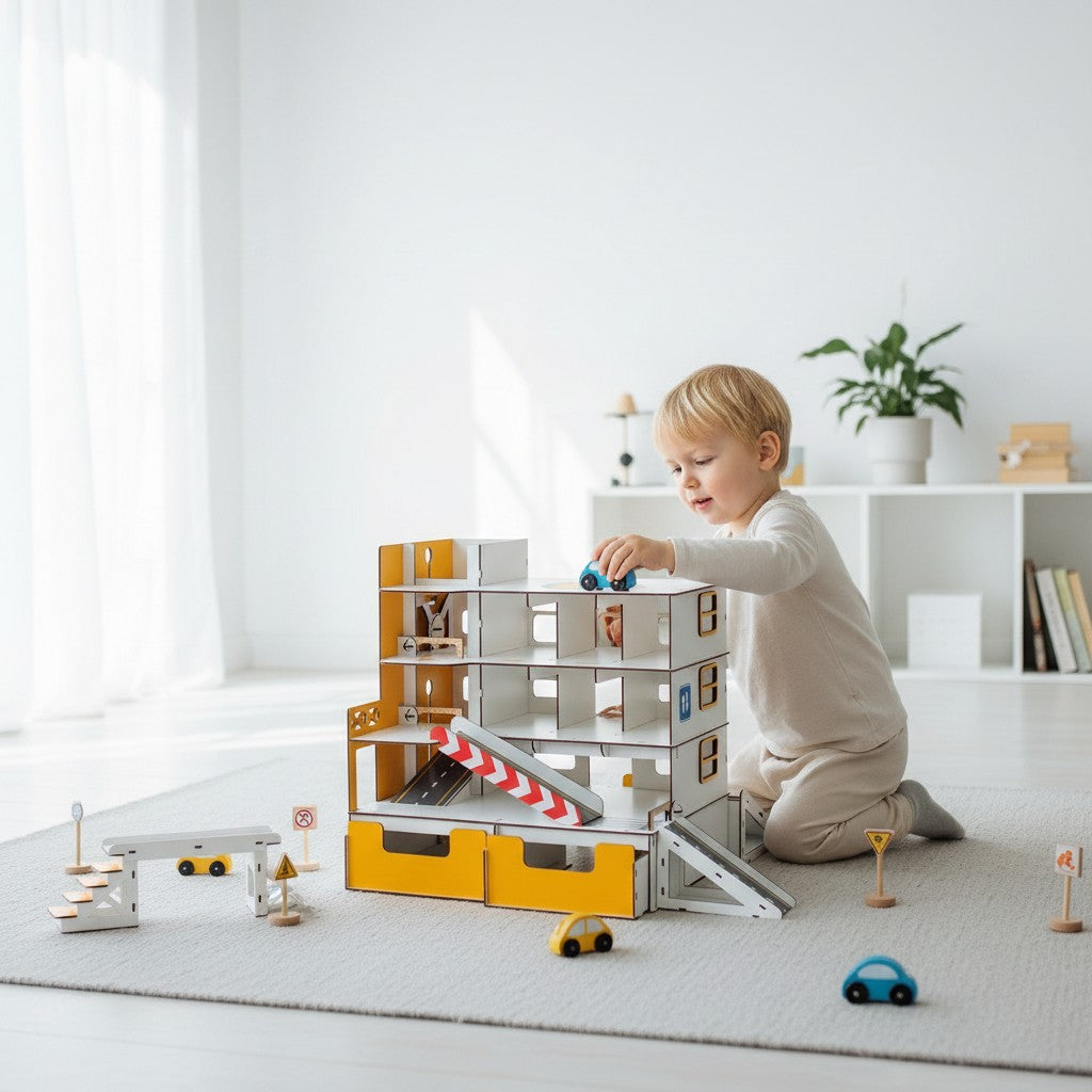 A young child in beige pajamas plays with a wooden multi-level toy garage and ramp set on a light gray rug in a bright, modern room.