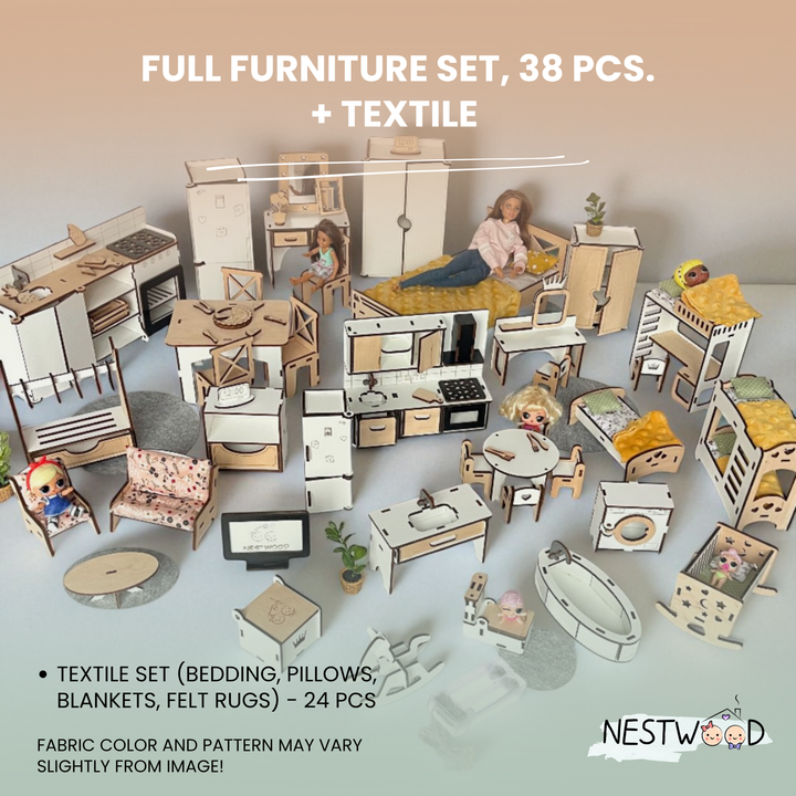 Full furniture set with textile for a dollhouse, featuring various rooms and furniture pieces.