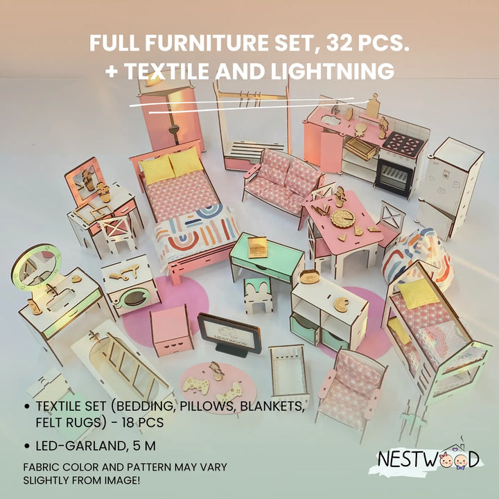 Wooden dollhouse Lux with organizer, balcony and terrace scale 1:6 NestWood pink