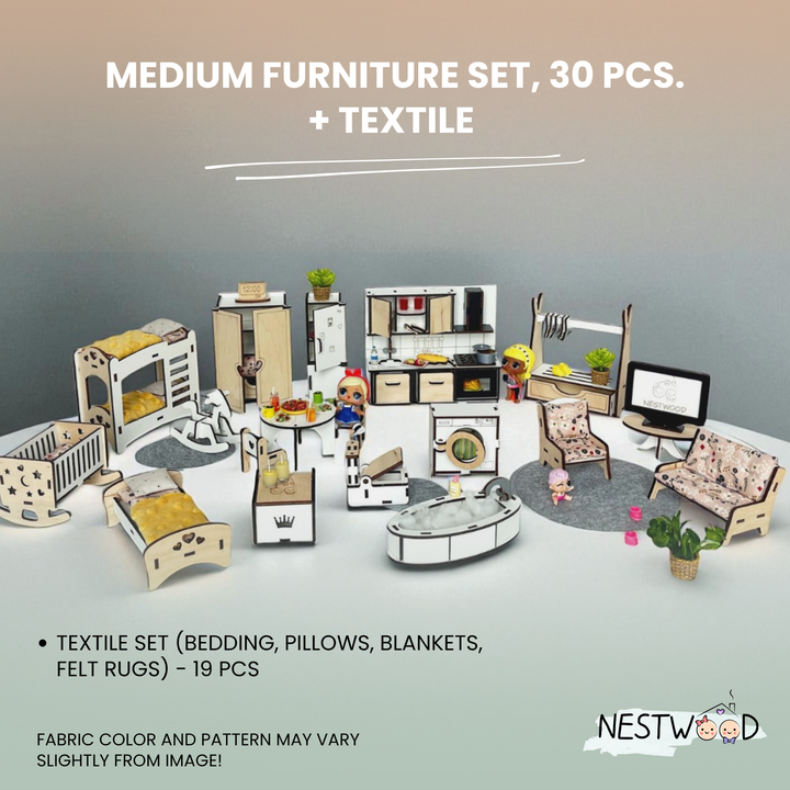 Medium furniture set with 30 pieces including textiles on a neutral background, featuring Nestwood brand