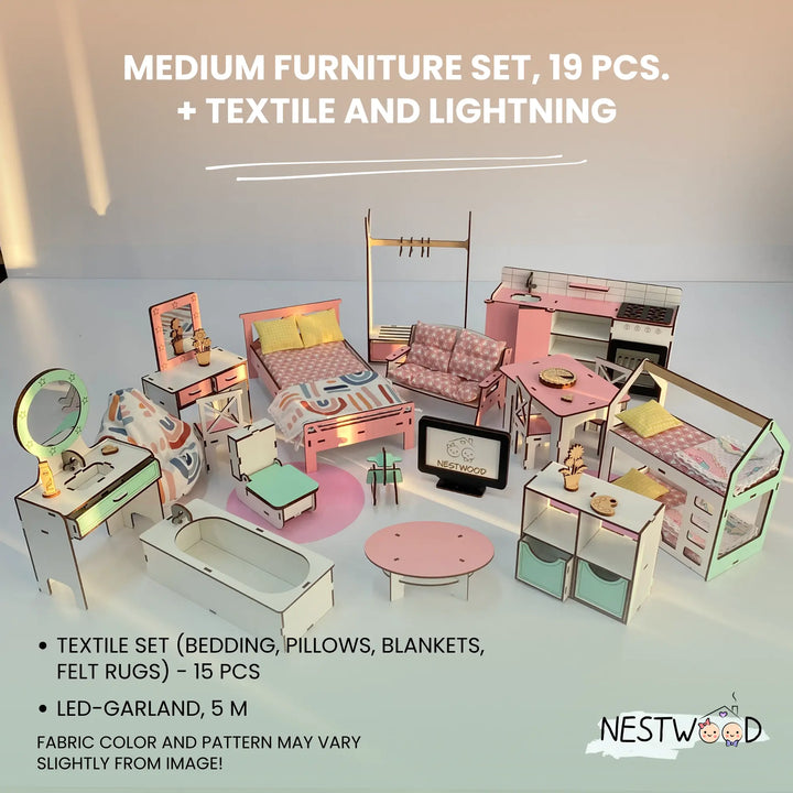 Wooden dollhouse Lux with organizer, balcony and terrace scale 1:6 NestWood pink