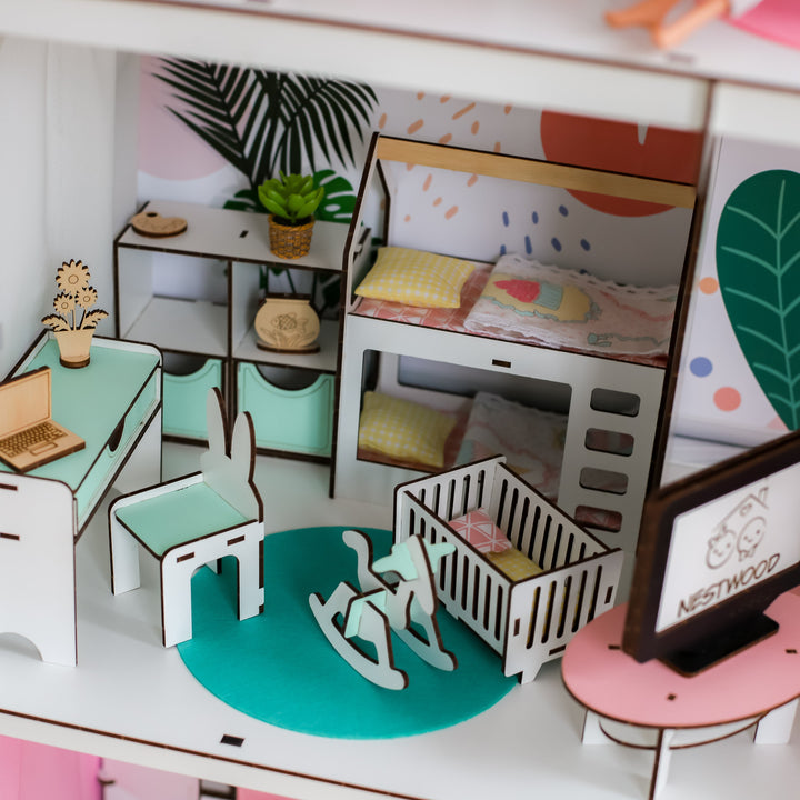 Dollhouse with furniture and text detailing included items