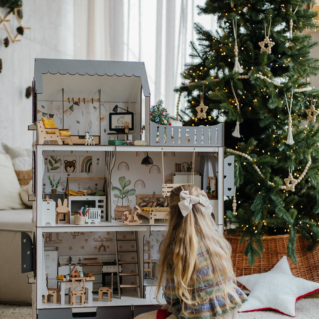 Wooden Dollhouse for Kids, Large Doll House with Furniture, Montessori Toy, Gift for Girls 3–7, Dollhouse Playset
