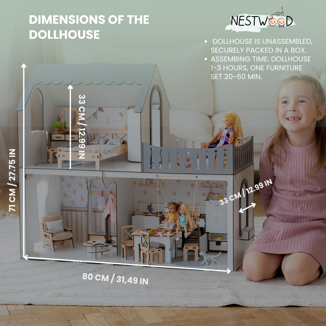 Cardboard dollhouse with dimensions and a child playing with dolls, branded as NESTWOOD.