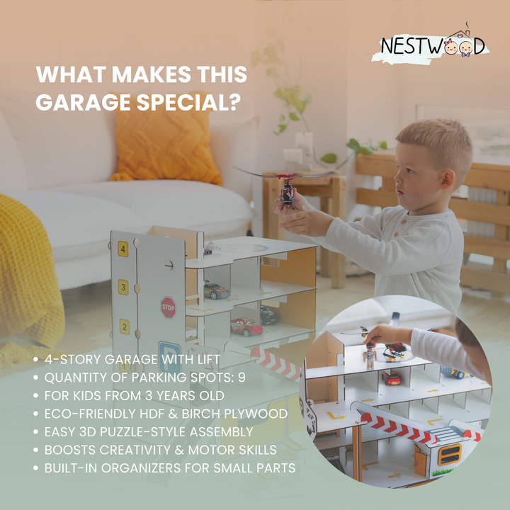 Child playing with a toy garage set in a room, featuring Nestwood branding.