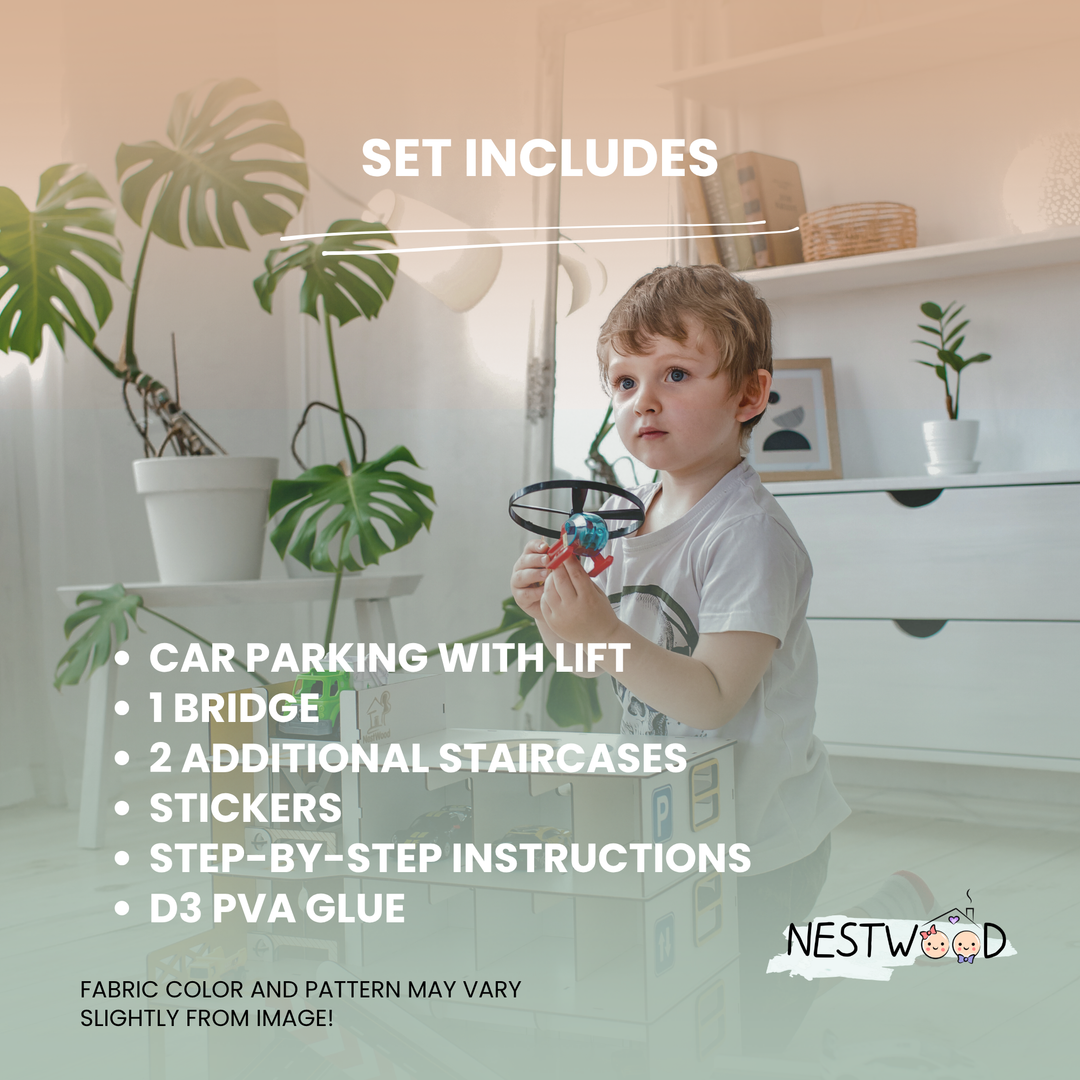 Child playing with a toy set in a room with plants and furniture, featuring NestWood branding.
