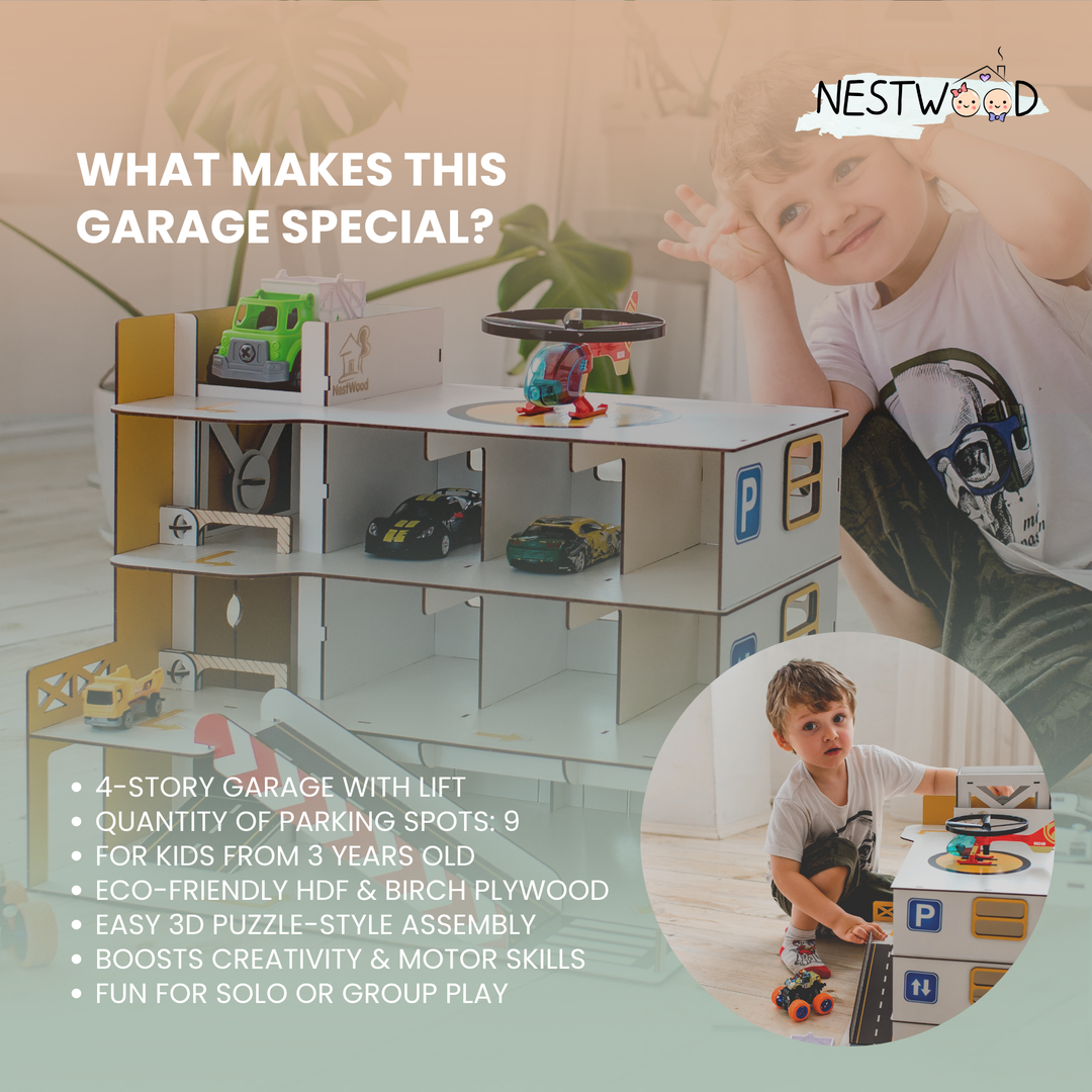 Children playing with a Nestwood toy garage set, highlighting features and benefits.