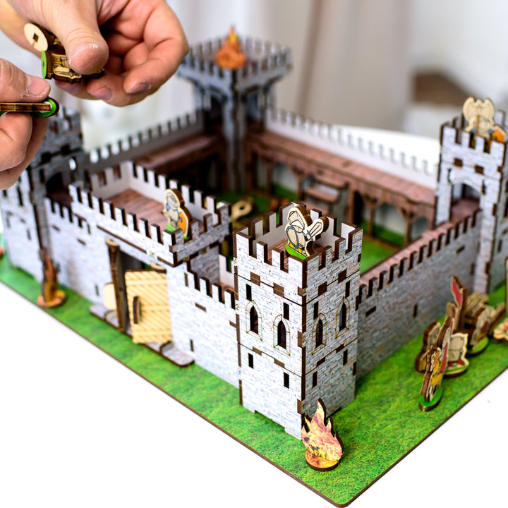 Wooden medieval castle playset by NestWood, featuring a modular design with soldier figurines, a functional catapult, and fortress walls. Made from eco-friendly HDF and birch plywood, this 3D puzzle castle is perfect for kids’ role-playing games, historical battles, and dollhouse accessories