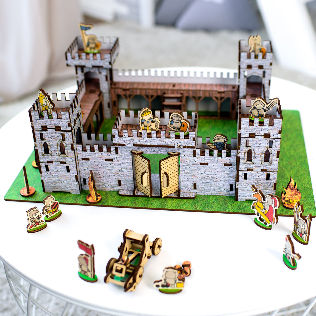 Wooden medieval castle playset by NestWood, featuring a modular design with soldier figurines, a functional catapult, and fortress walls. Made from eco-friendly HDF and birch plywood, this 3D puzzle castle is perfect for kids’ role-playing games, historical battles, and dollhouse accessories