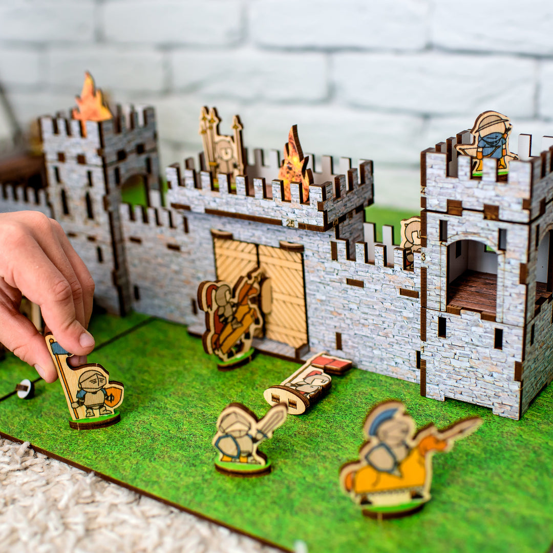 Wooden medieval castle playset by NestWood, featuring a modular design with soldier figurines, a functional catapult, and fortress walls. Made from eco-friendly HDF and birch plywood, this 3D puzzle castle is perfect for kids’ role-playing games, historical battles, and dollhouse accessories