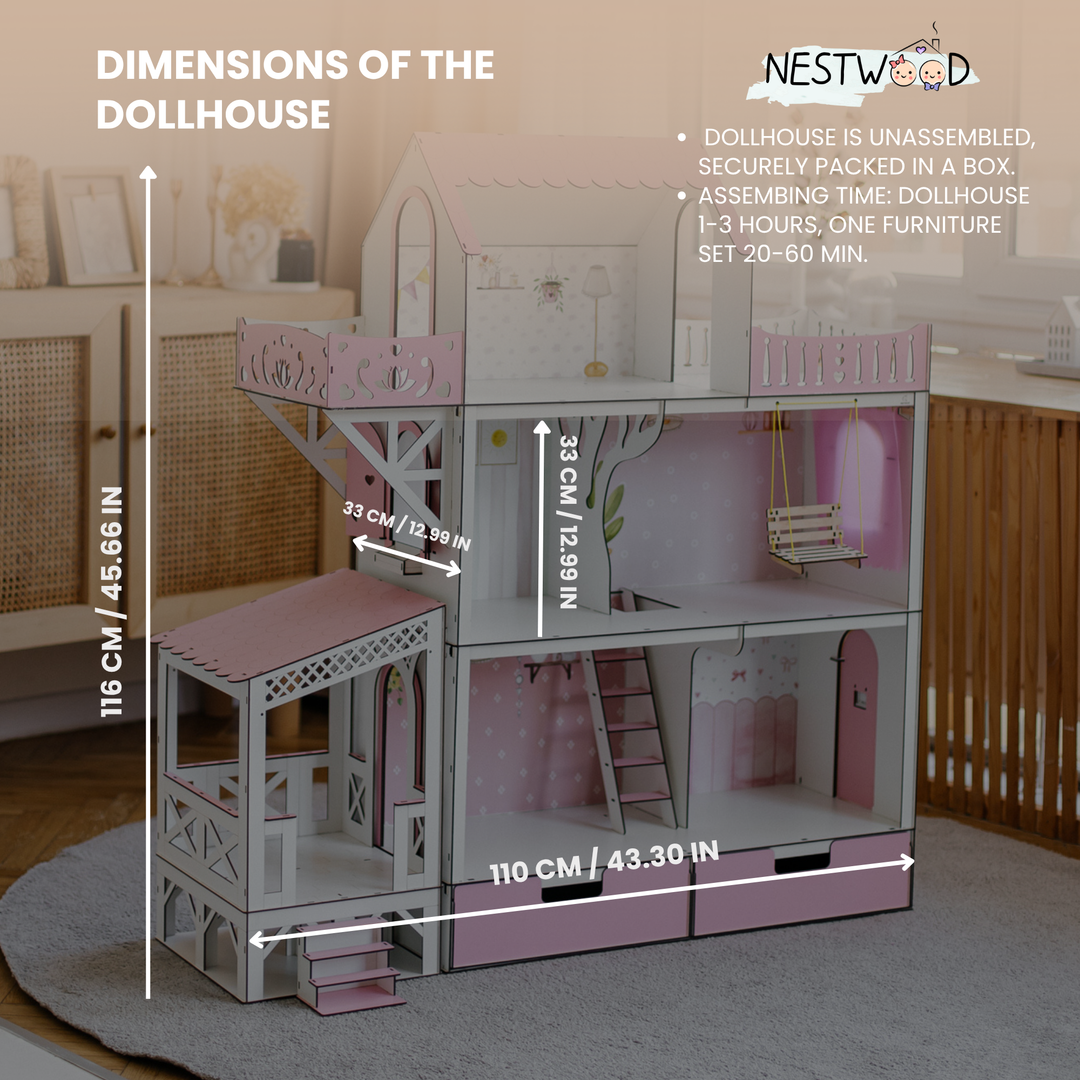 Detailed dimensions of a dollhouse with NestWood branding.