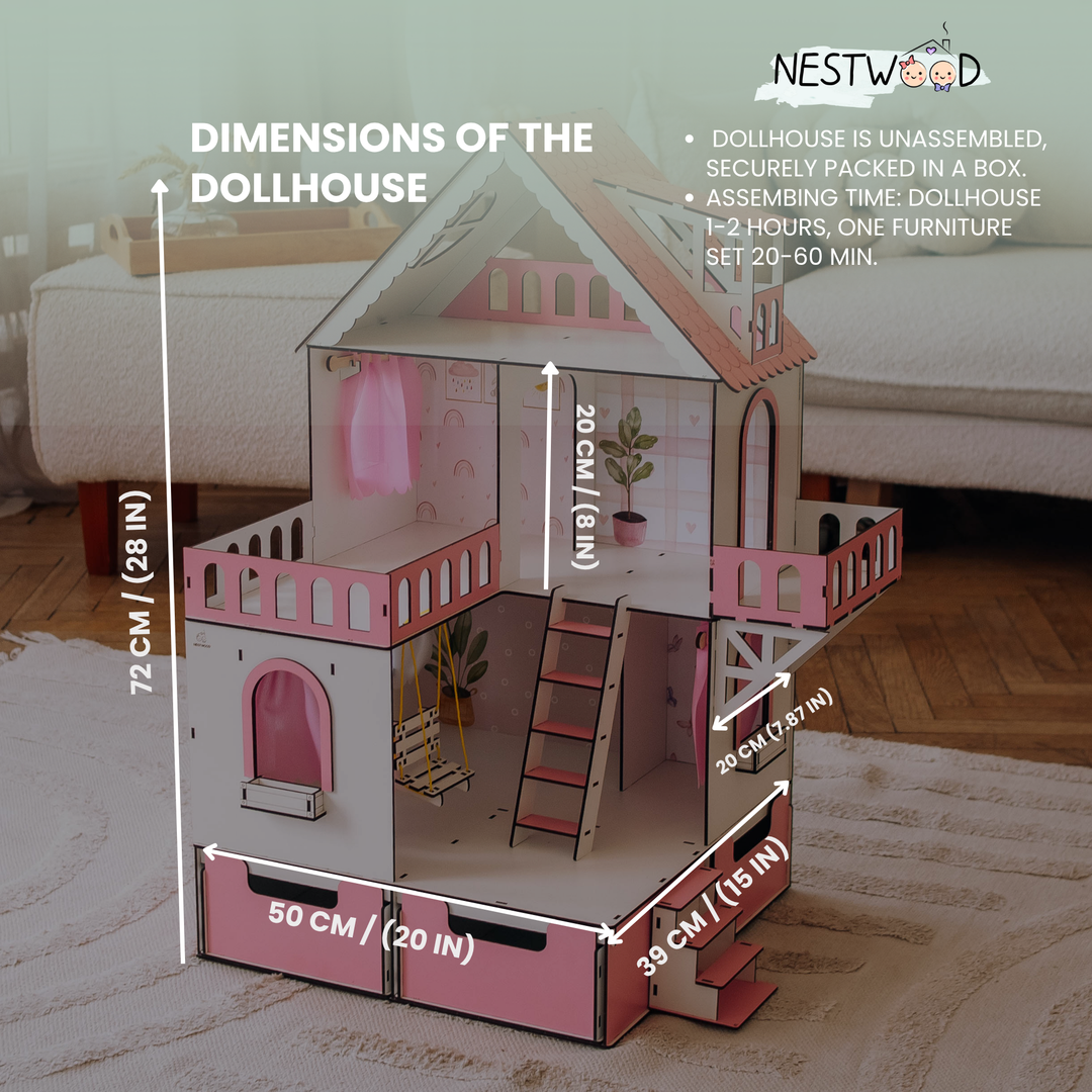 Dimensions of a pink dollhouse with Nestwood branding