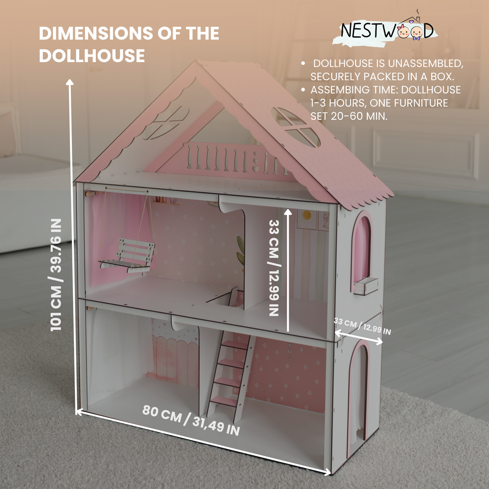 Pink dollhouse with dimensions labeled, featuring Nestwood branding.