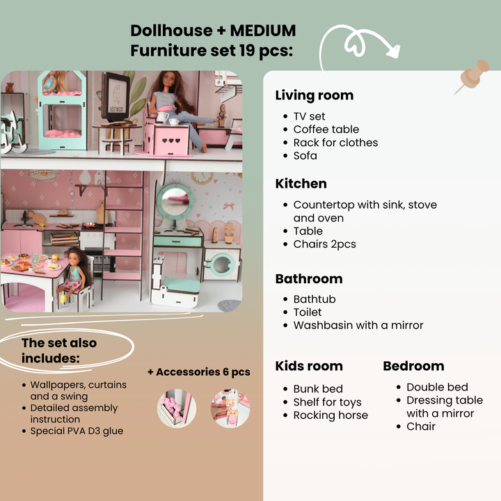 Wooden dollhouse Fantasy scale 1:6 NestWood pink