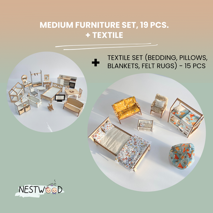 Promotional image of a medium furniture set with textiles by Nestwood on a gradient background.