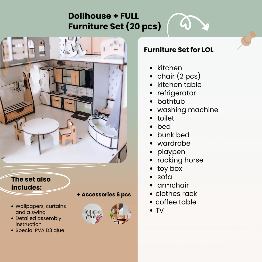 Dollhouse furniture set with kitchen, bathroom, and bedroom furniture on a green background.