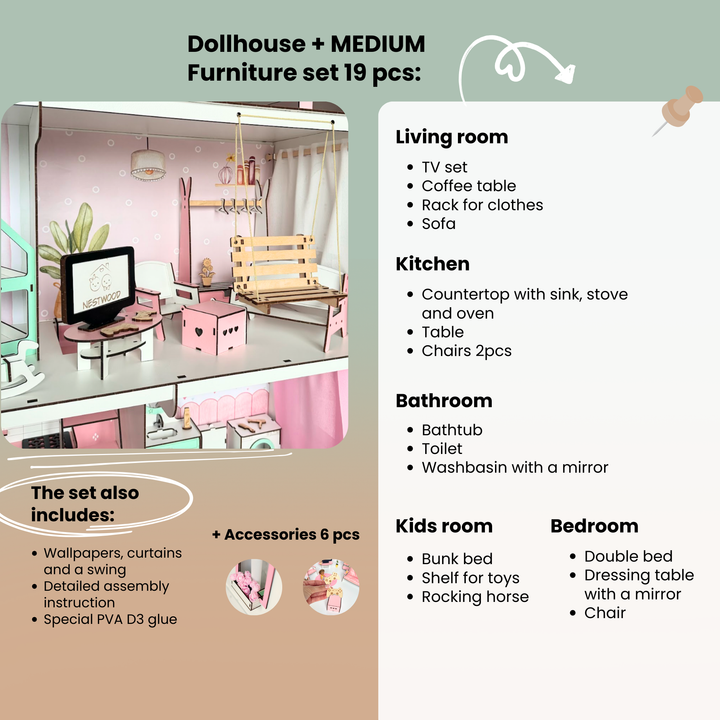 Dollhouse furniture set with living room, kitchen, bathroom, and kids' room features on a green background.