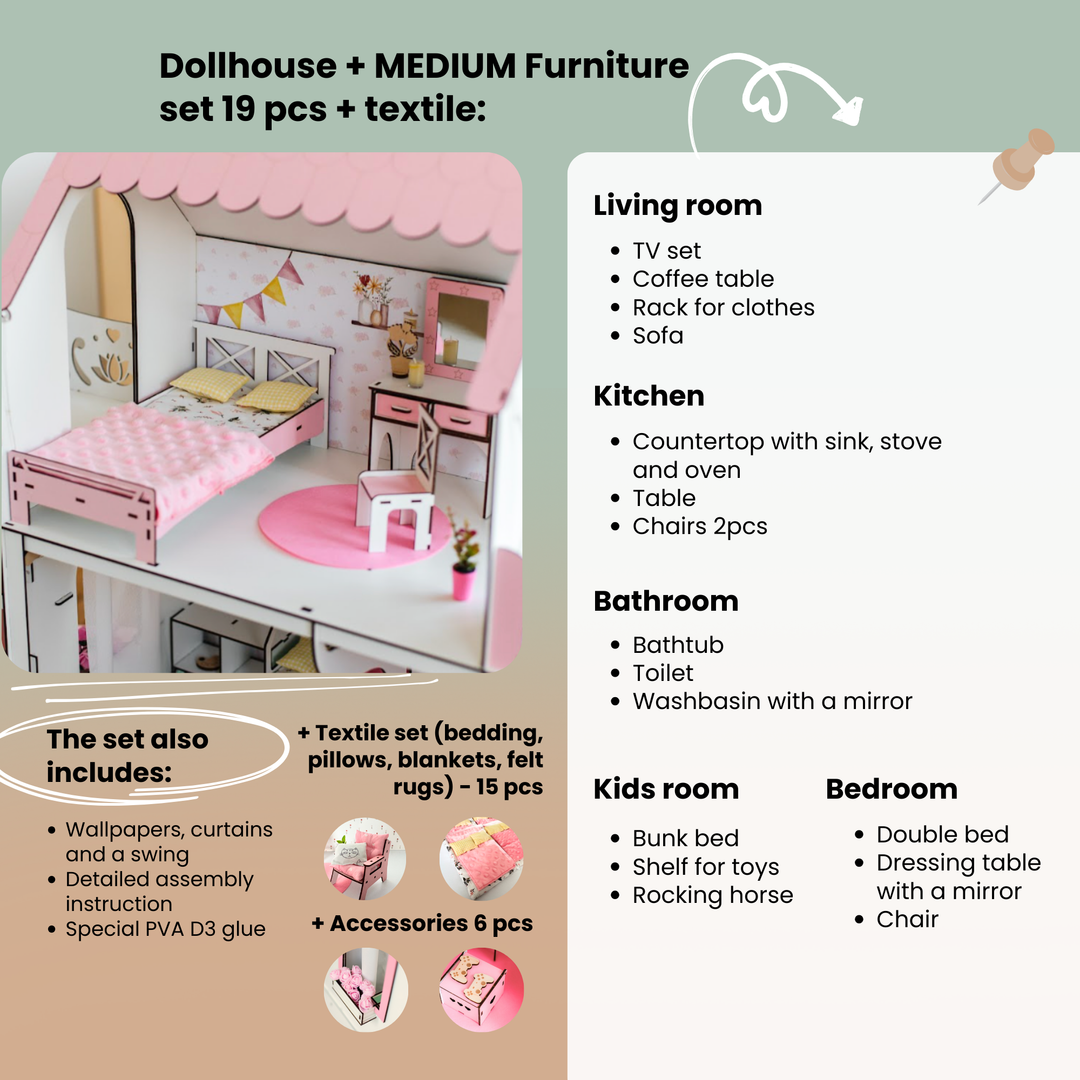 Dollhouse furniture set with living room, kitchen, bathroom, and kids' room items, including a bunk bed and double bed.