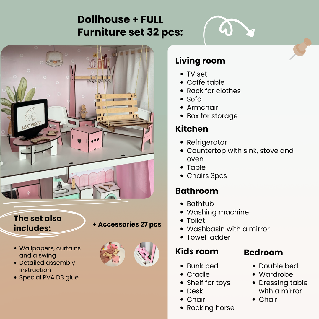 Dollhouse furniture set with living room, kitchen, bathroom, and kids' room items listed.