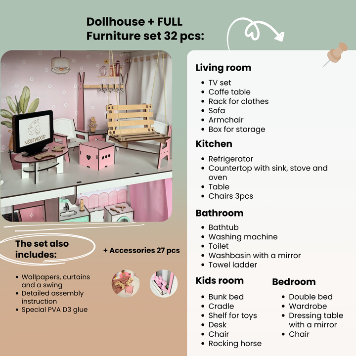 Dollhouse furniture set with living room, kitchen, bathroom, and kids' room items listed.