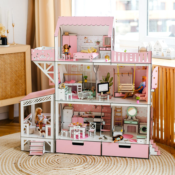 Dollhouse furniture set with living room, kitchen, bathroom, kids' room, and bedroom sections.