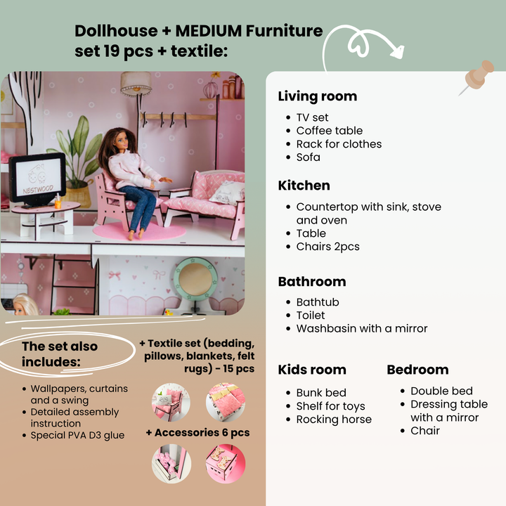 Dollhouse furniture set with living room, kitchen, bathroom, kids' room, and bedroom sections.