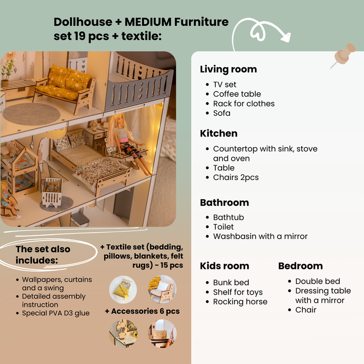 Dollhouse furniture set with living room, kitchen, bathroom, kids' room, and bedroom sections, including text and images of furniture pieces.