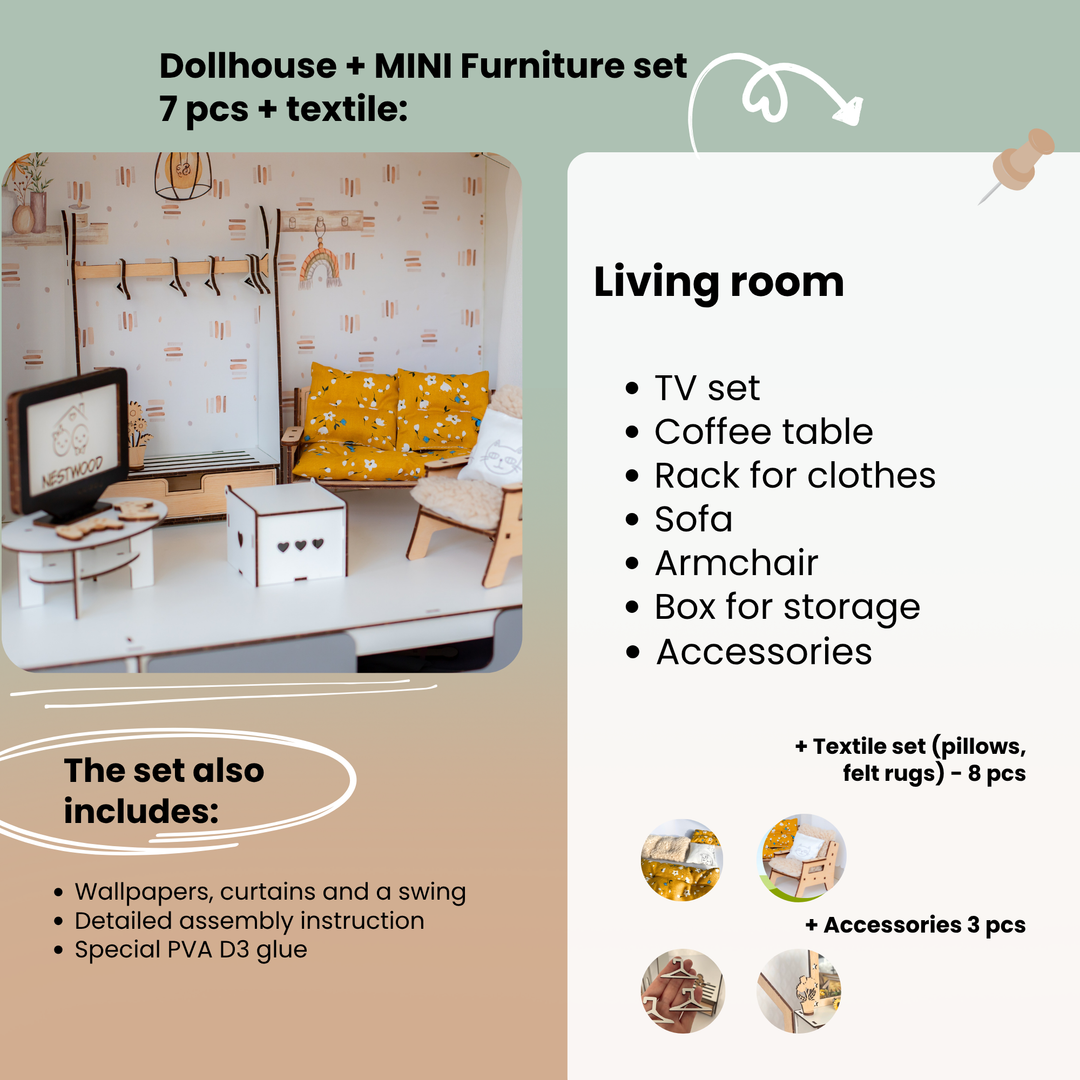 Dollhouse living room furniture set with TV, coffee table, and more, including text and images of accessories.