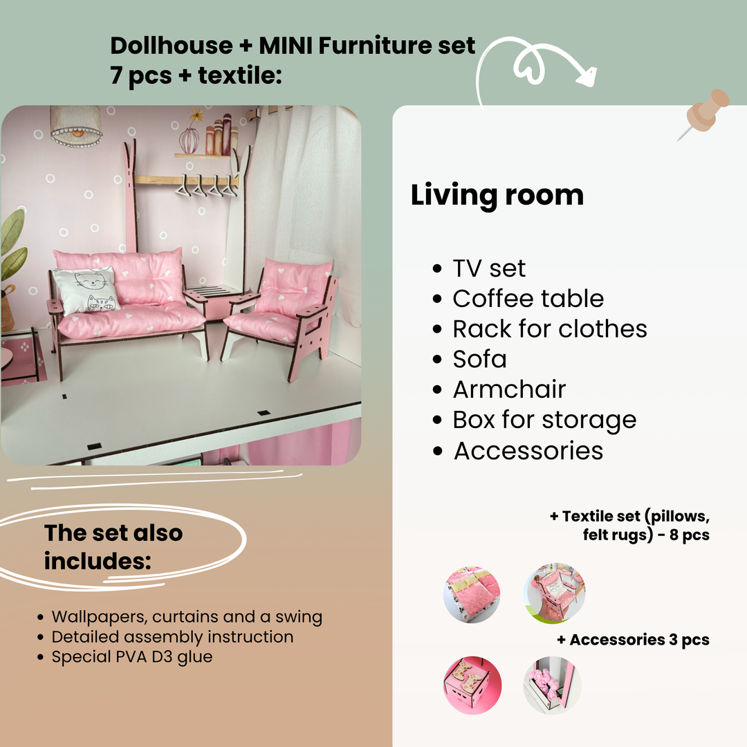 Dollhouse living room furniture set with pink sofa, armchair, and coffee table on a white background.