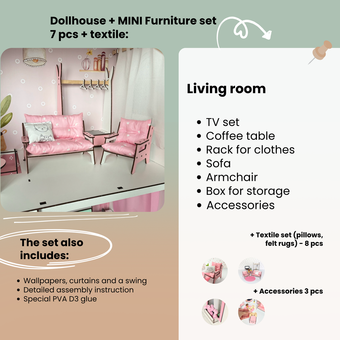 Dollhouse living room furniture set with pink sofa, chairs, and TV set on a white background.