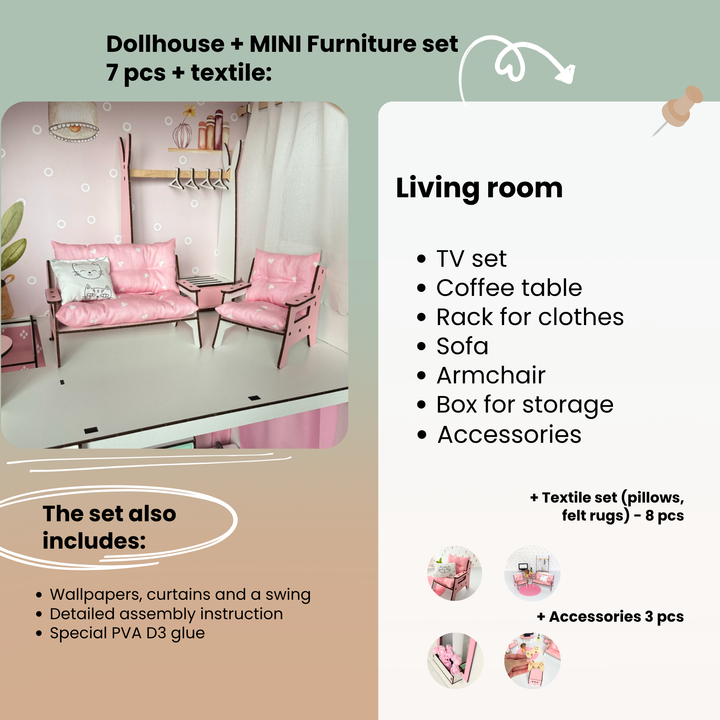 Dollhouse living room furniture set with pink sofa, chairs, and TV set on a white background.