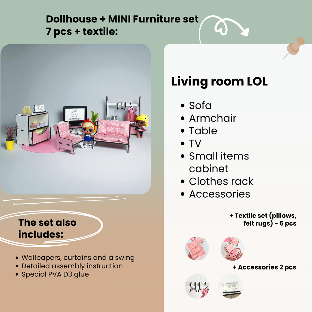 Dollhouse living room set with furniture and text detailing included items.