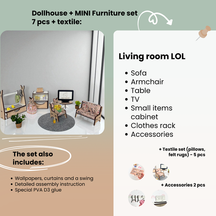 Dollhouse living room set with furniture and textile items, including a sofa, armchair, table, TV, and more.