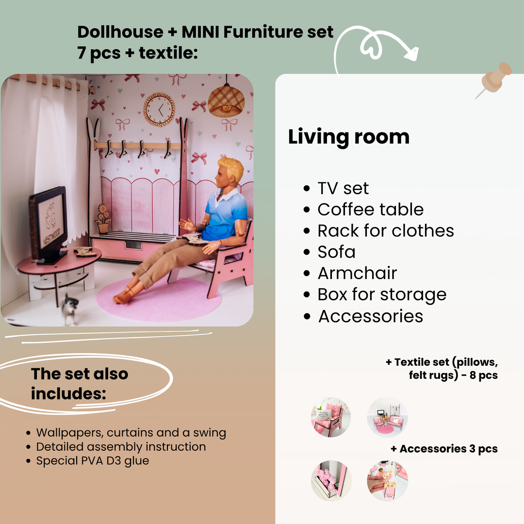 Dollhouse living room set with miniature furniture and text detailing included items.