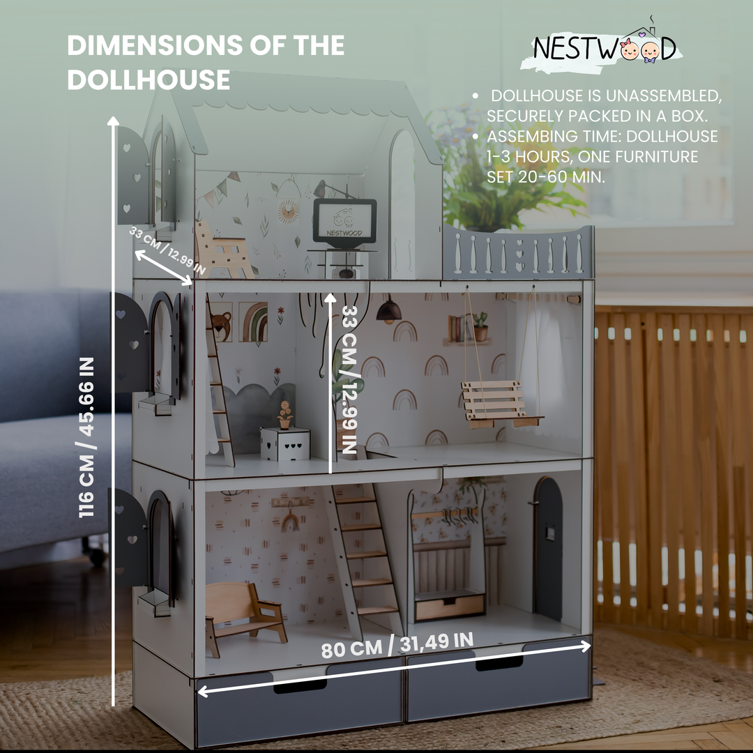 Dollhouse with dimensions displayed, featuring furniture and accessories.
