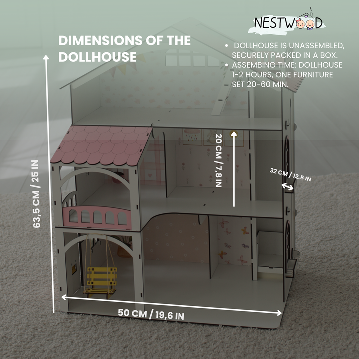 Dollhouse with dimensions labeled on a neutral background
