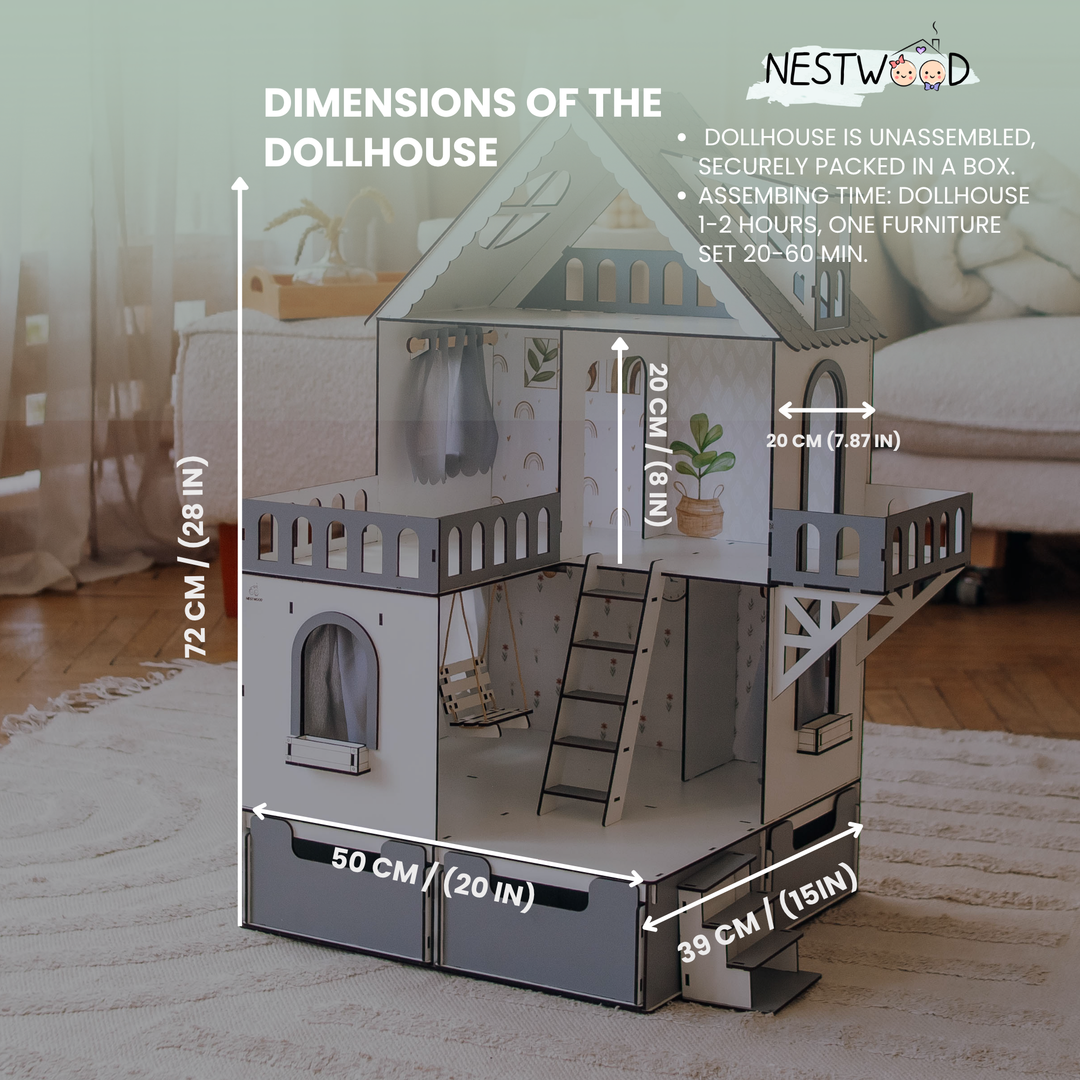 Dollhouse with dimensions labeled, set against a blurred indoor background.