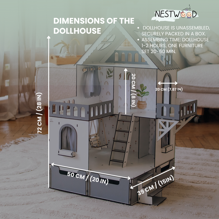 Dollhouse with dimensions labeled, set against a blurred indoor background.