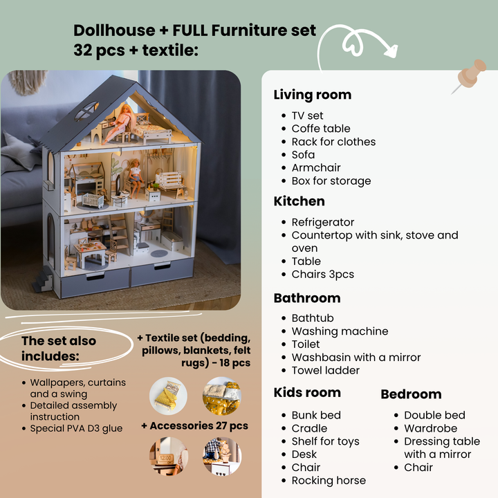 Dollhouse with furniture set and living room layout on a green background