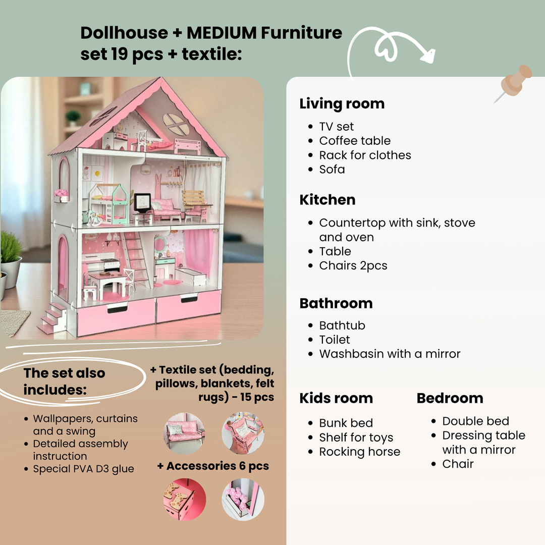 Dollhouse with furniture and text detailing included items
