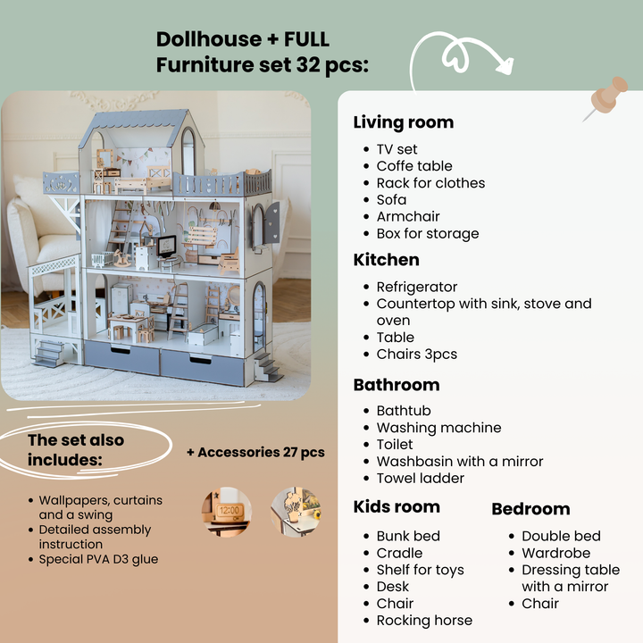 Dollhouse with furniture set and list of included items on a beige background